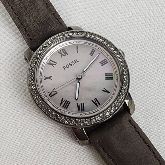 Fossil Mother of Pearl Roman Crystal Bezel Grey Leather Band Watch - Picture 3 of 8